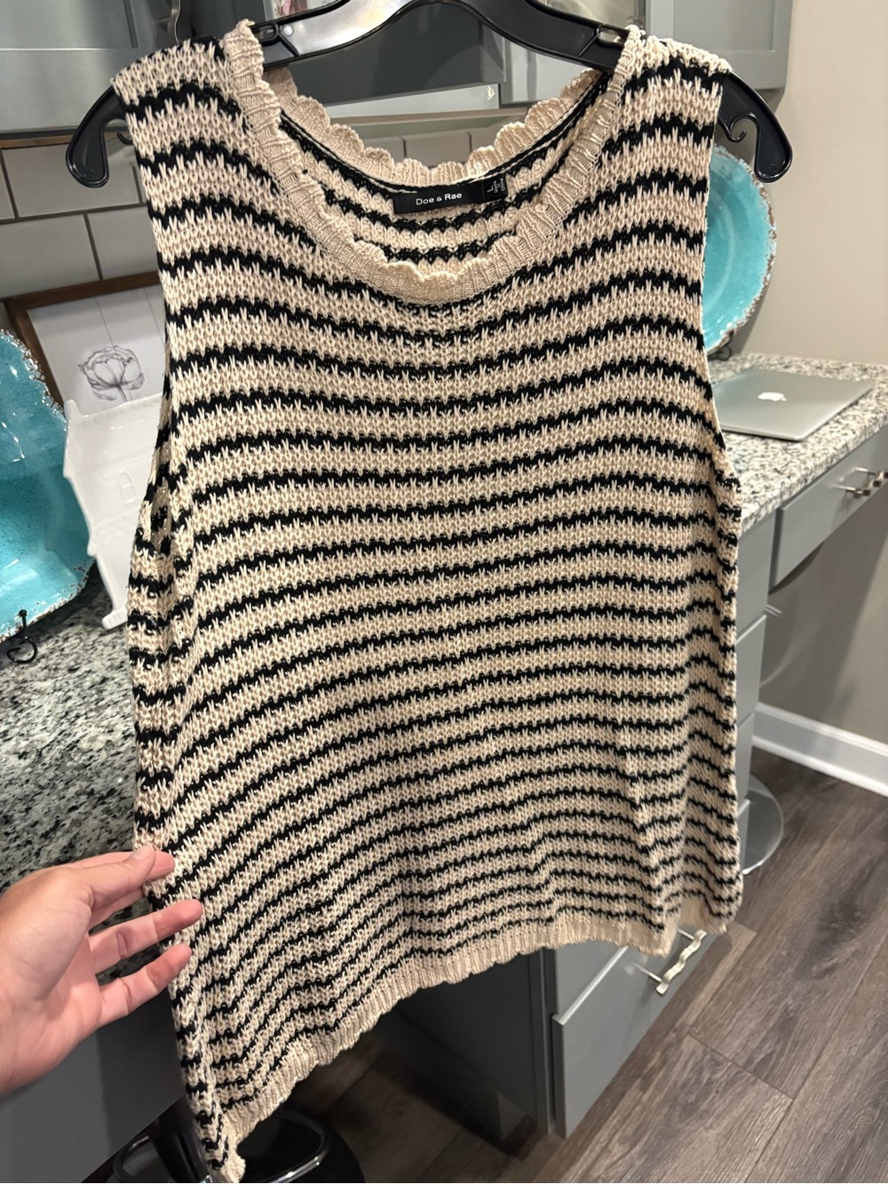 Doe & Rae Black and Cream Striped Knit Sleeveless Top